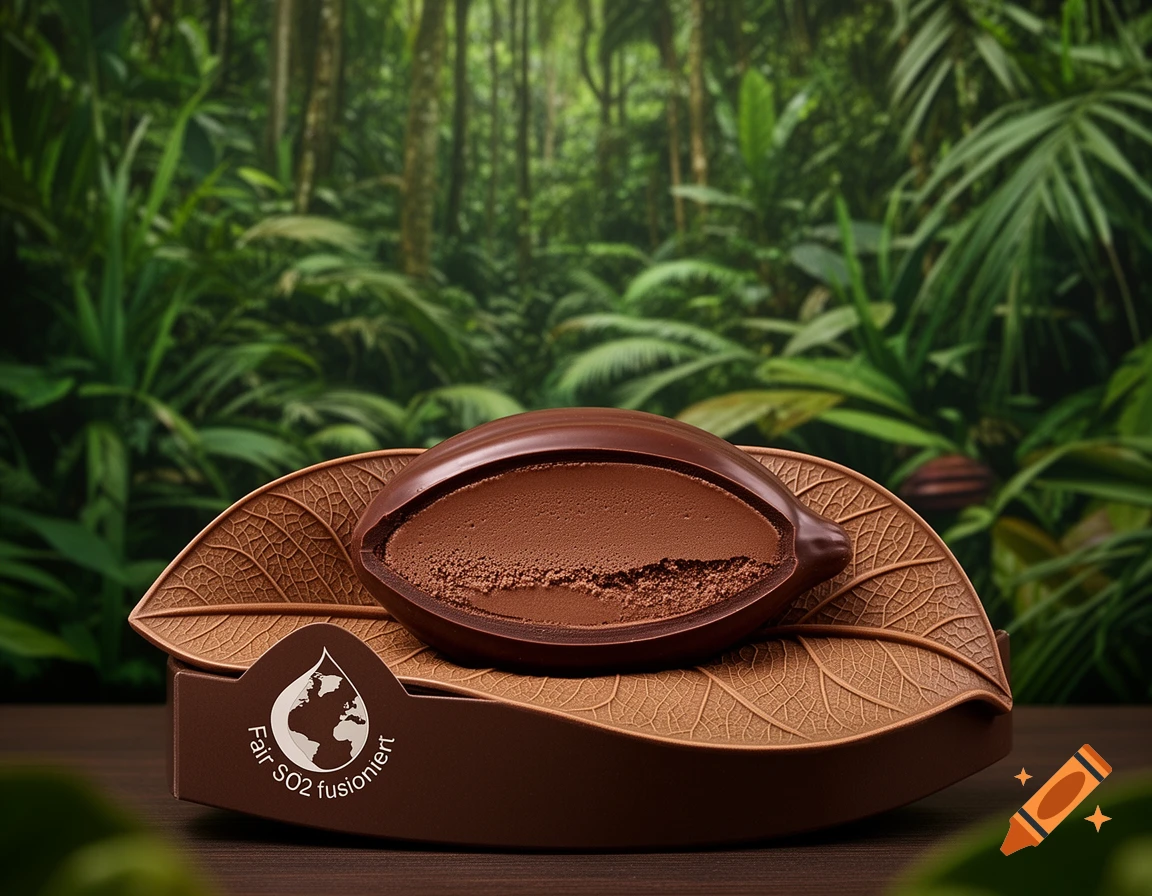 A photorealistic image of a sliced chocolate praline shaped like a cocoa pod, resting in a leaf-patterned chocolate box, with a rainforest background.