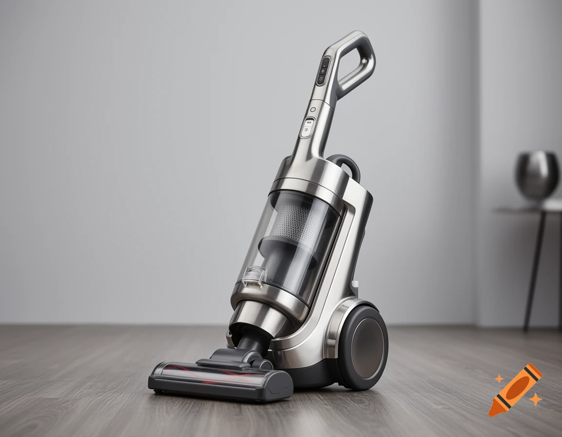 A modern, silver stick vacuum cleaner stands upright on a wooden floor in a minimalist room.