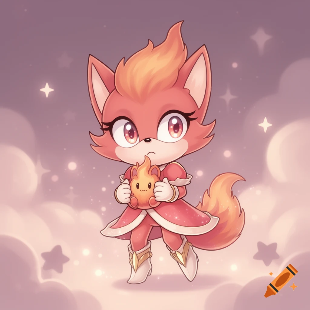 A cute chibi fox-like character with orange fur and a pink dress, holding a small fire creature, against a starry purple background.