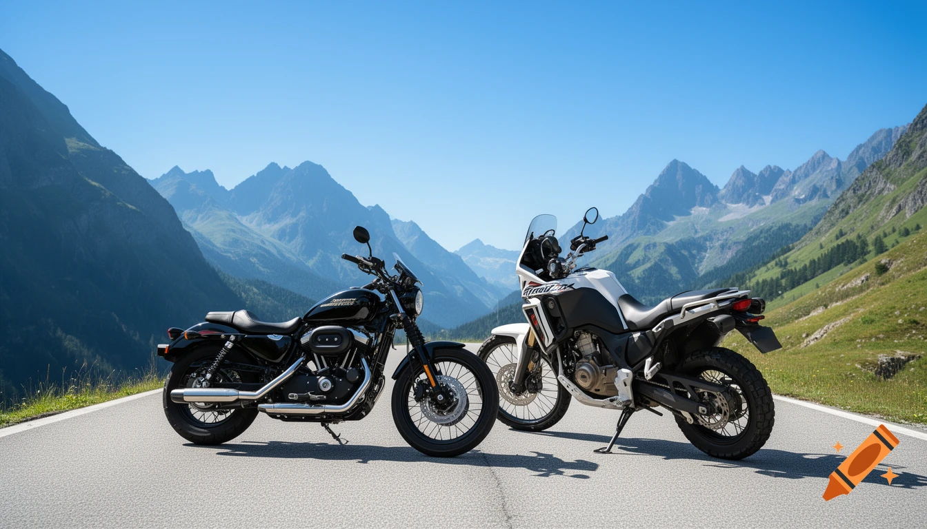 Two motorcycles, a black Harley-Davidson and a white Honda Africa Twin, parked on a winding mountain road under a clear blue sky.