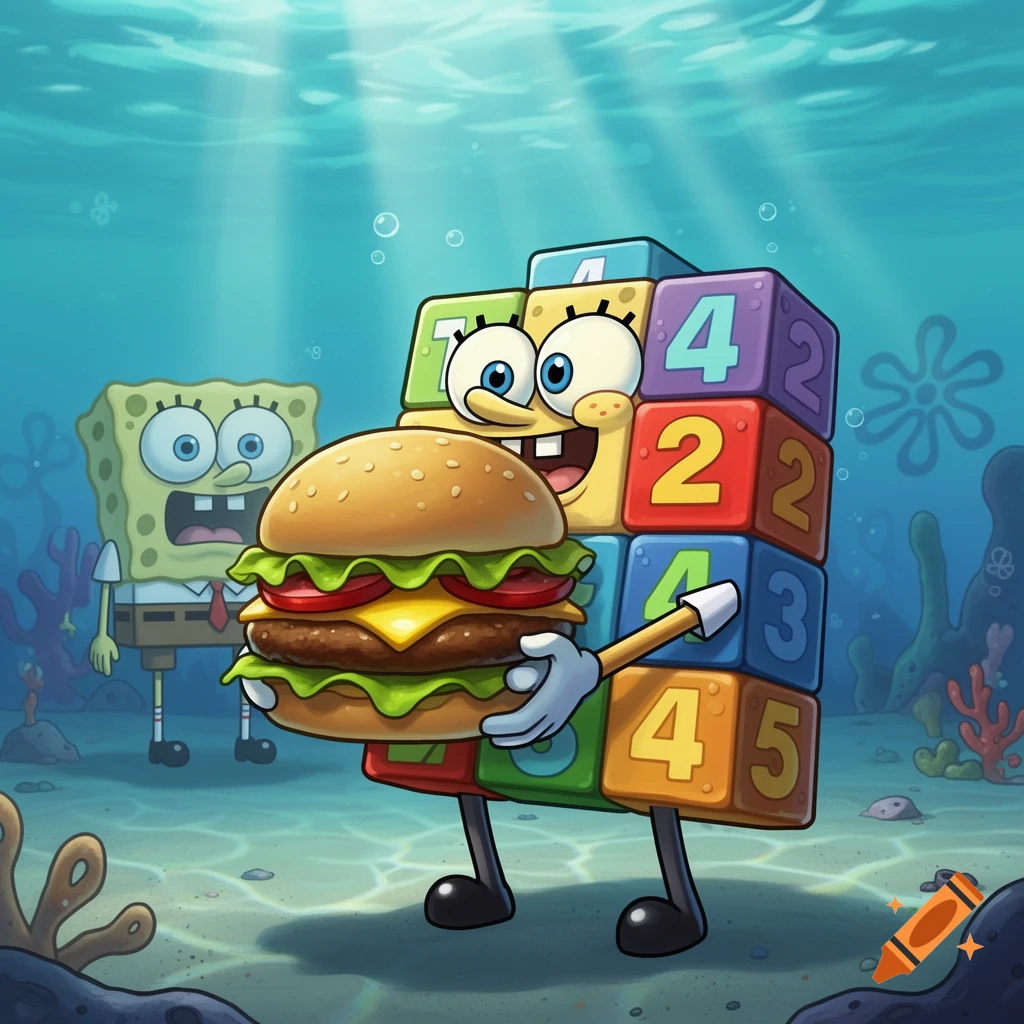 Numberblocks character made of colorful number blocks holding a burger, while Spongebob looks on with a shocked expression, all underwater.