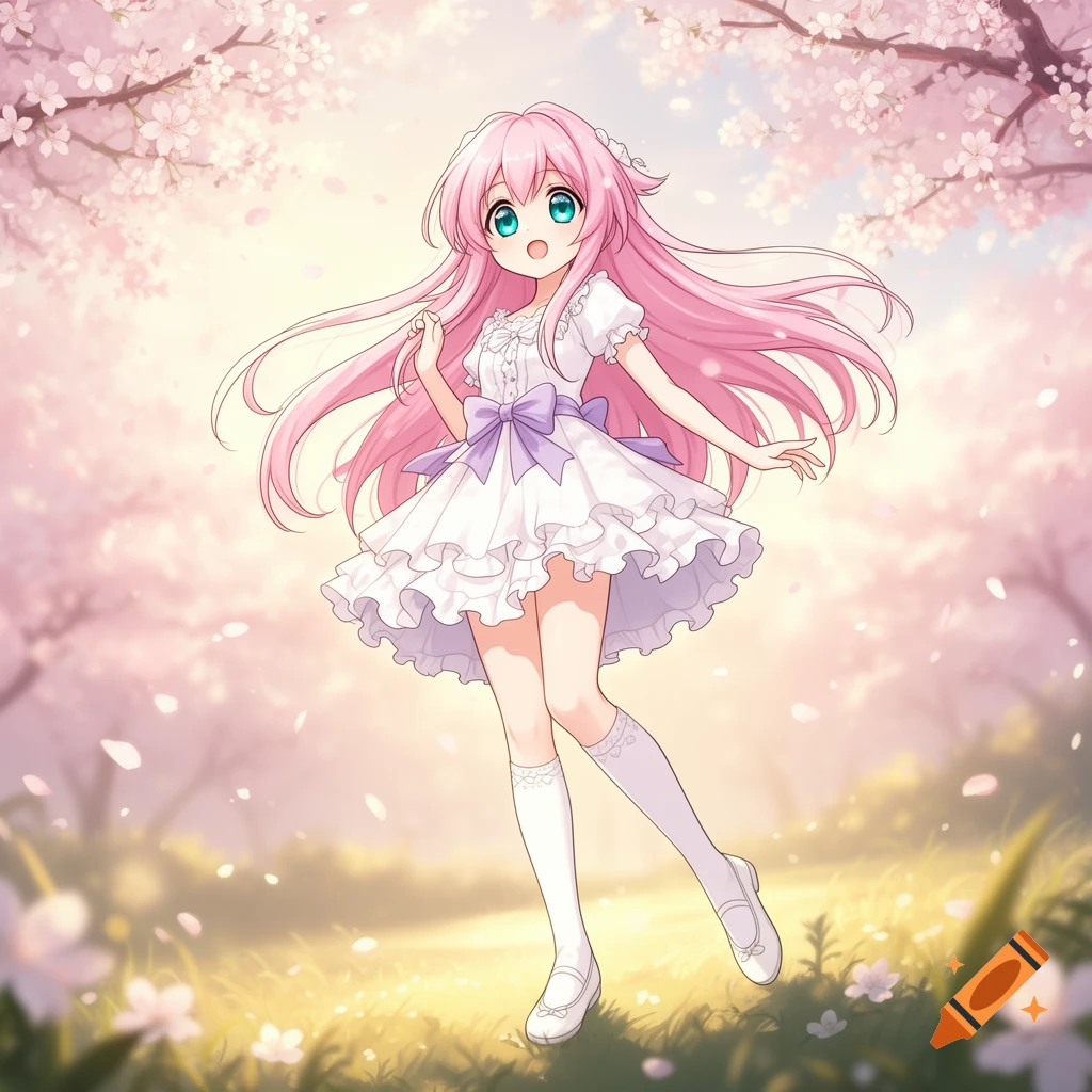 Anime girl with pink hair and a white dress stands among pink cherry blossoms.