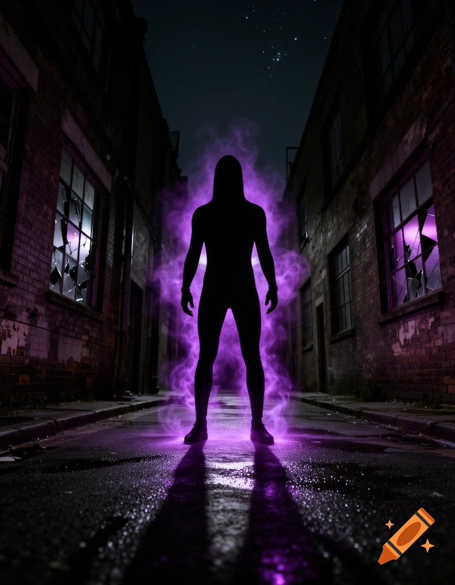 A dark hooded silhouette with a vibrant purple aura stands in a wet, dark alleyway at night, surrounded by brick buildings with broken windows.
