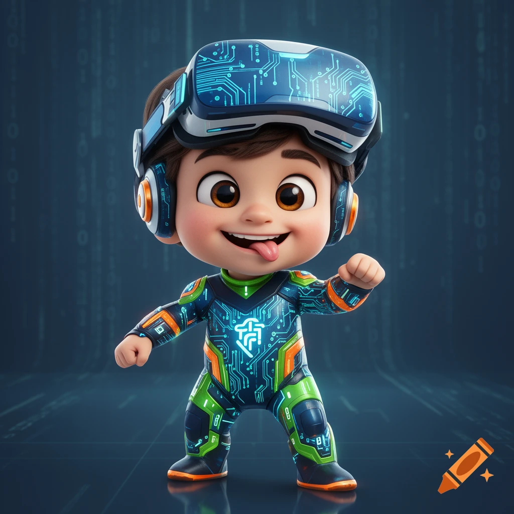 A smiling cartoon child wearing a VR headset and a full-body suit with circuit board patterns, sticking out their tongue.