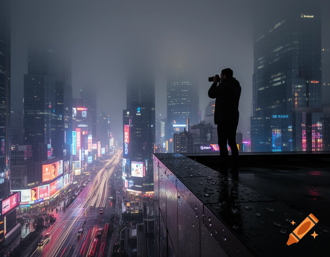 A silhouetted person on a rooftop overlooking a vibrant, fog-covered city at night, capturing the scene with a camera.