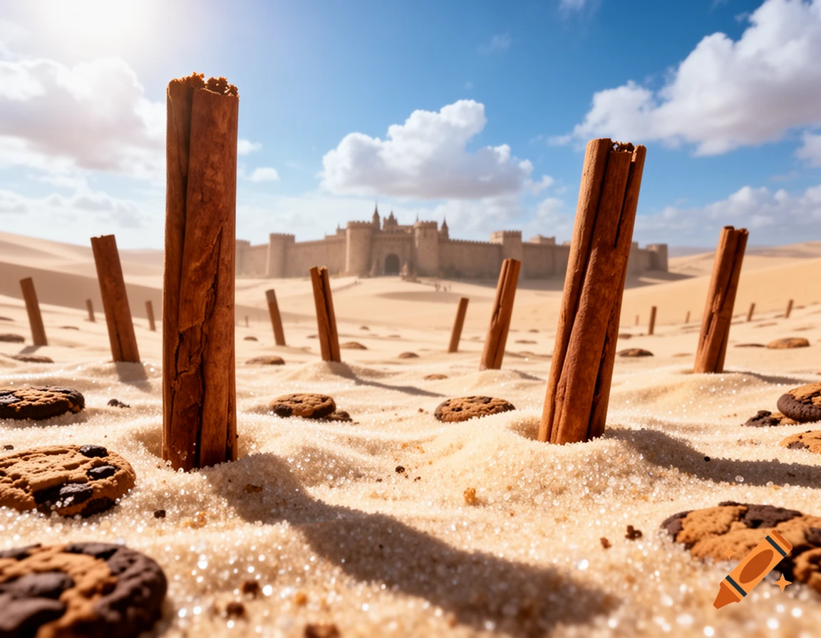 A fantastical desert landscape with sand made of crumbled cookies and sugar, cinnamon sticks standing upright, and a distant castle.
