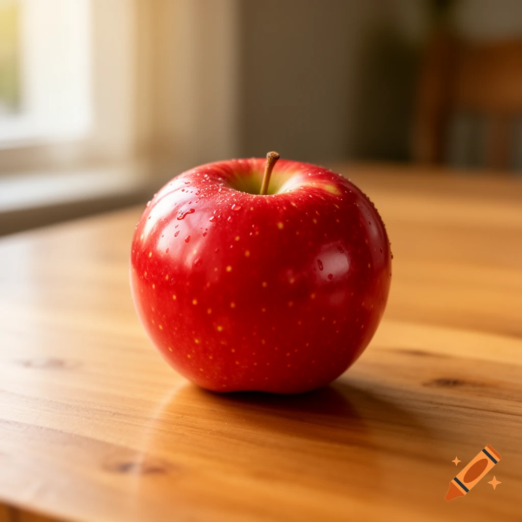 A vibrant red apple with water droplets sits on a polished wooden table, lit by sunlight from a window.