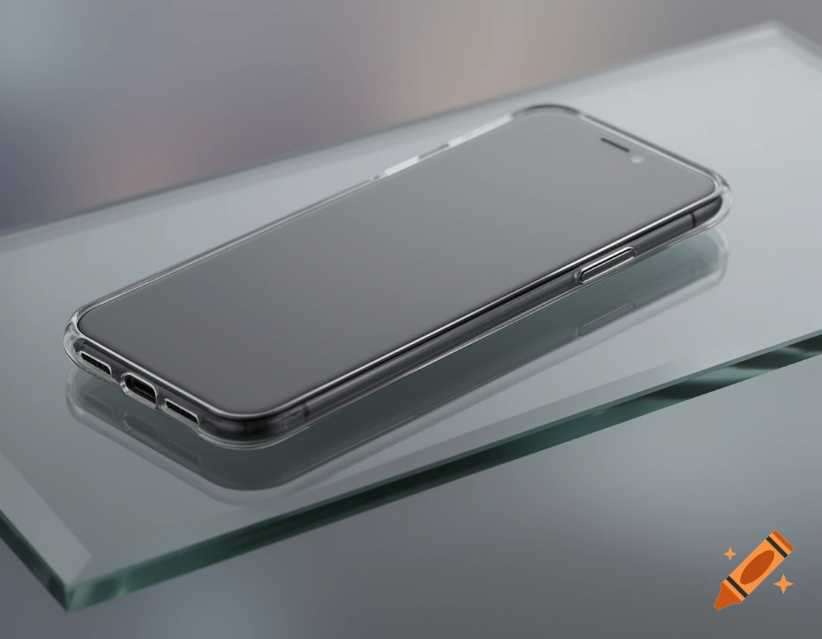 A modern smartphone in a clear protective case rests on a reflective glass surface.