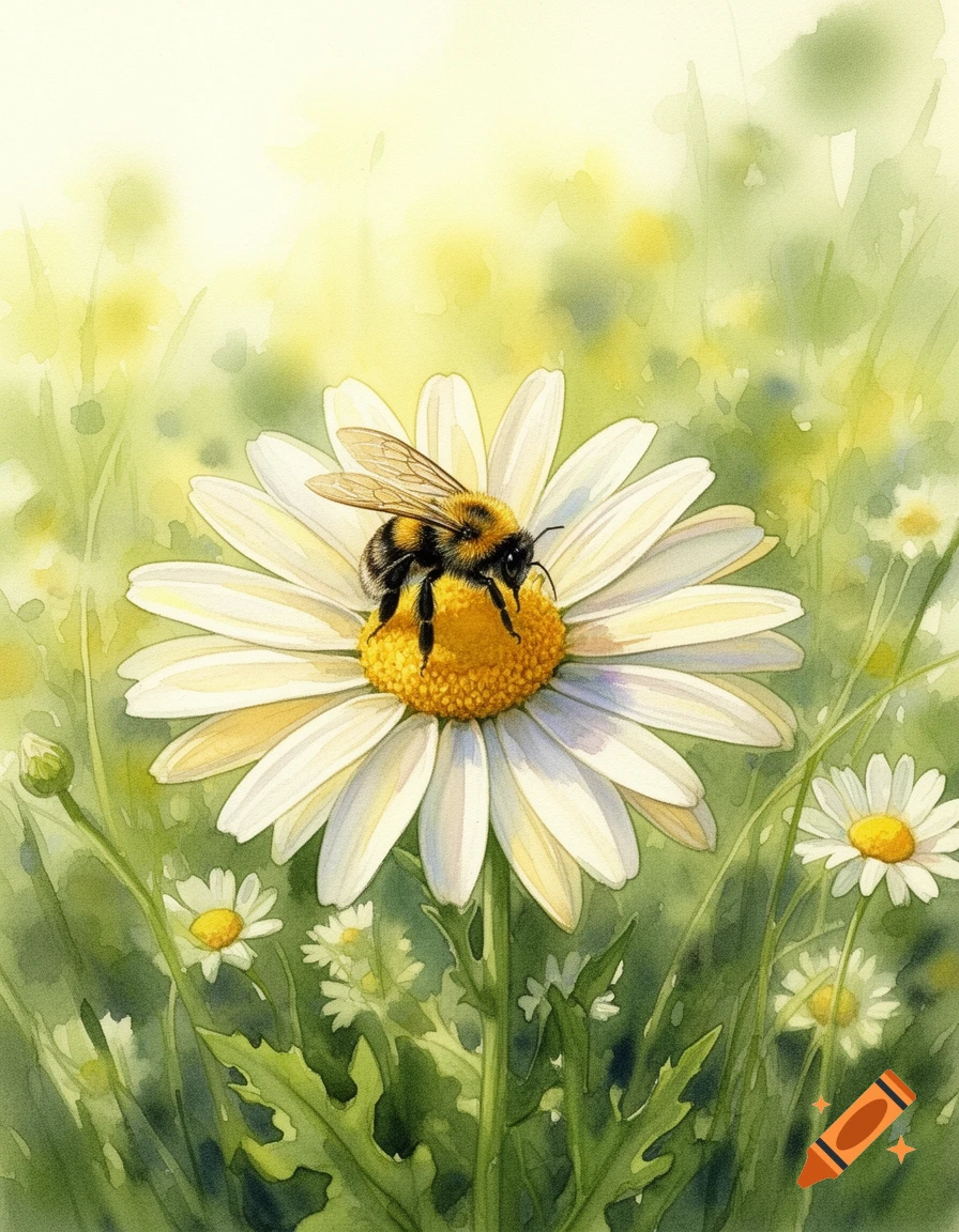 Watercolor painting of a fuzzy bumblebee resting on the yellow center of a white daisy amidst green foliage.
