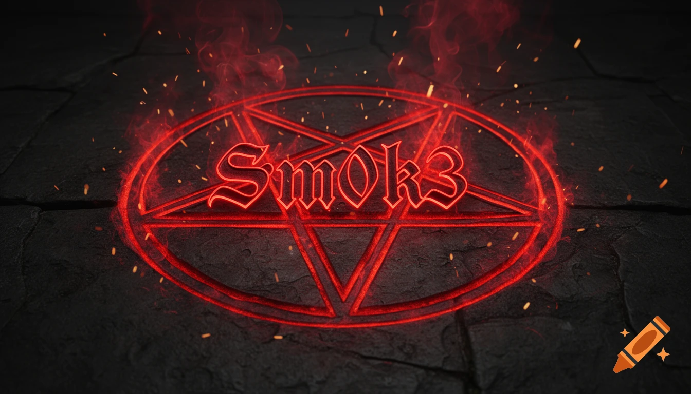 A dark, photorealistic image of a glowing red pentagram with 'Sm0k3' inside, smoke, and embers on a rough stone floor.