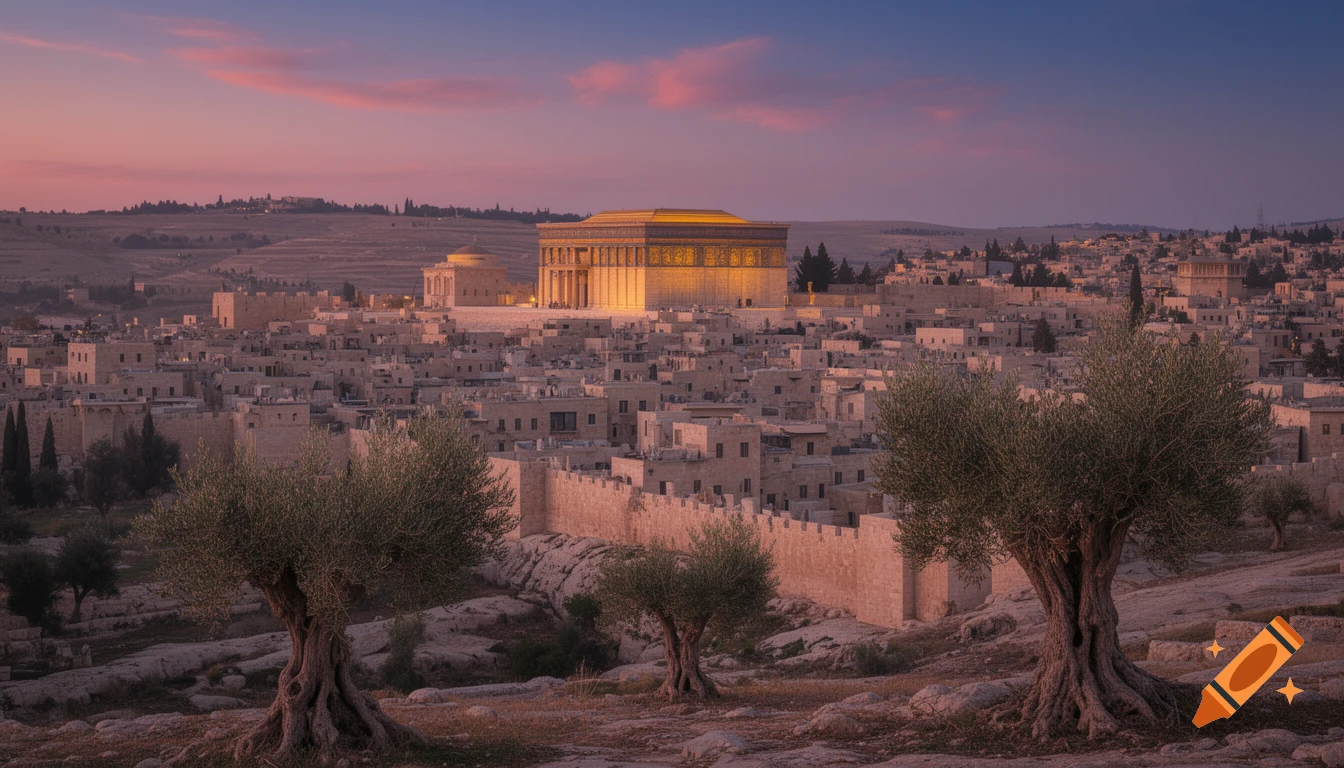 Photorealistic view of Jerusalem at dusk from the Mount of Olives, showing the illuminated Temple and ancient city with olive trees.