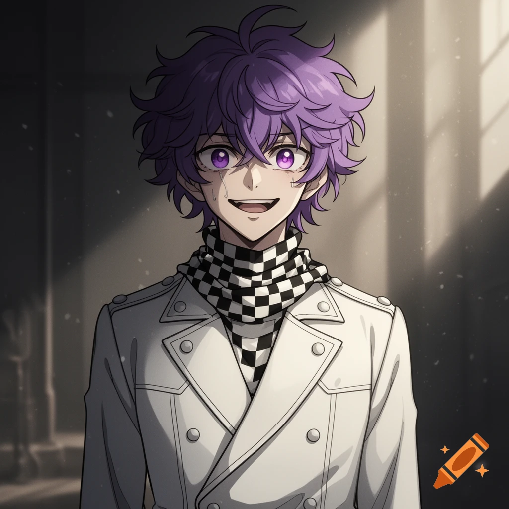 Anime boy with purple hair and eyes, wearing a white uniform and checkered scarf, smiling with tears in his eyes.