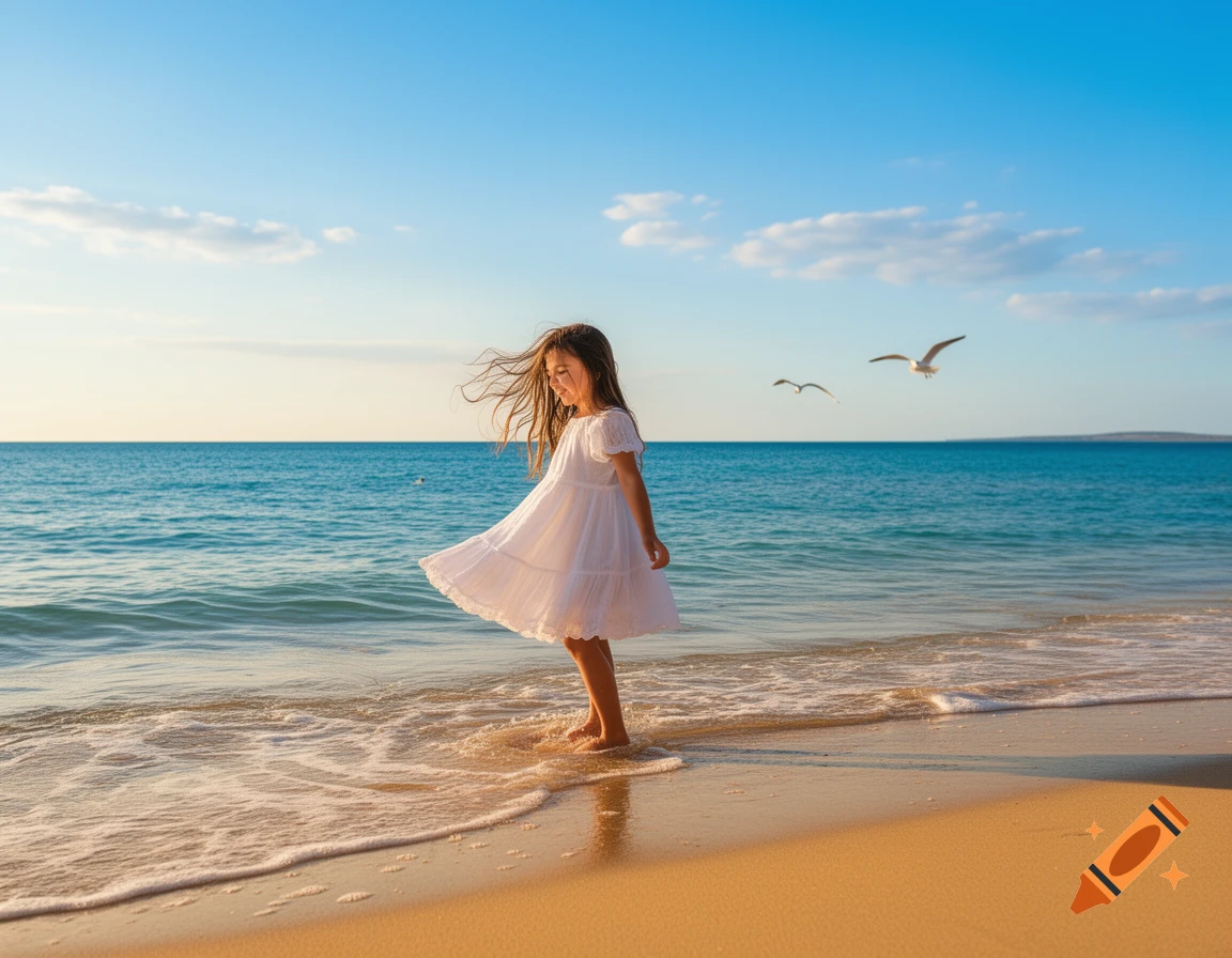 A happy girl in a white dress stands in the shallow ocean water on a sunny beach with seagulls flying.