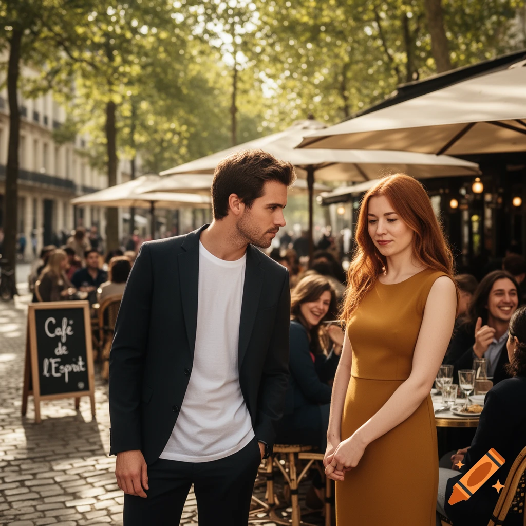 A photorealistic image of a man and a woman interacting at an outdoor cafe on a sunny day.
