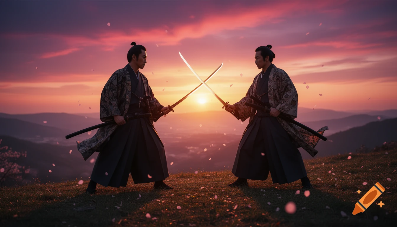 Two samurai duel with crossed swords on a grassy hilltop at sunset, with mountains and falling petals.