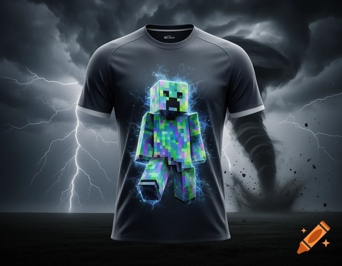 A dark grey t-shirt featuring a glowing, colorful pixelated Minecraft creeper, set against a stormy sky with lightning and a tornado.