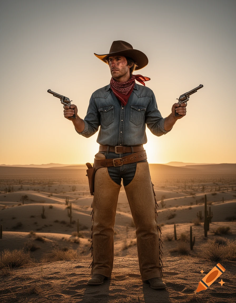 A photorealistic cowboy with two revolvers stands in a desert landscape against a sunset, surrounded by cacti.