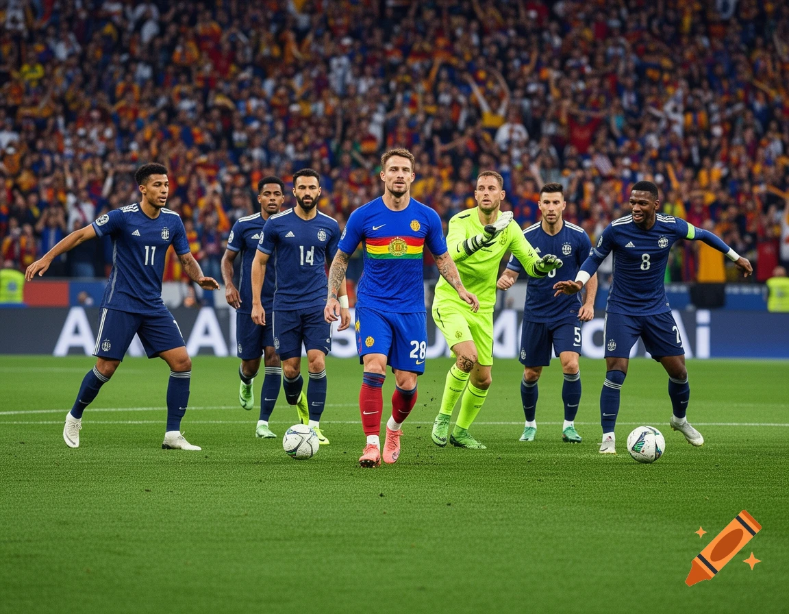 A group of football players on a green field during a match, with a stadium crowd in the background.