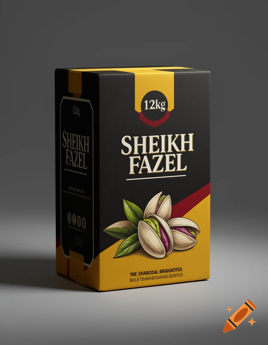 A large, matte black and yellow 12kg cardboard box for Sheikh Fazel charcoal briquettes, featuring a realistic illustration of pistachios.
