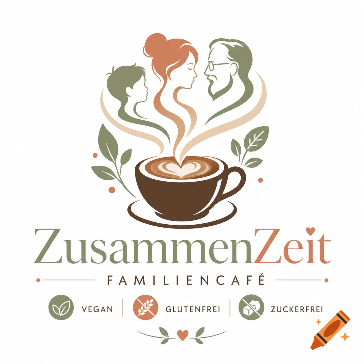 Vector logo for 'ZusammenZeit FamilienCafé' featuring a coffee cup with a heart, steam forming family silhouettes, and labels for vegan, gluten-free, and sugar-free options.