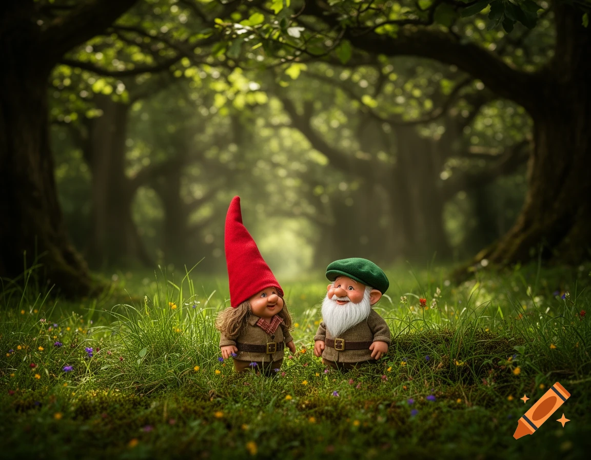 Two cheerful gnomes, one with a red pointed hat and another with a green flat cap and white beard, stand in a lush forest with wildflowers.