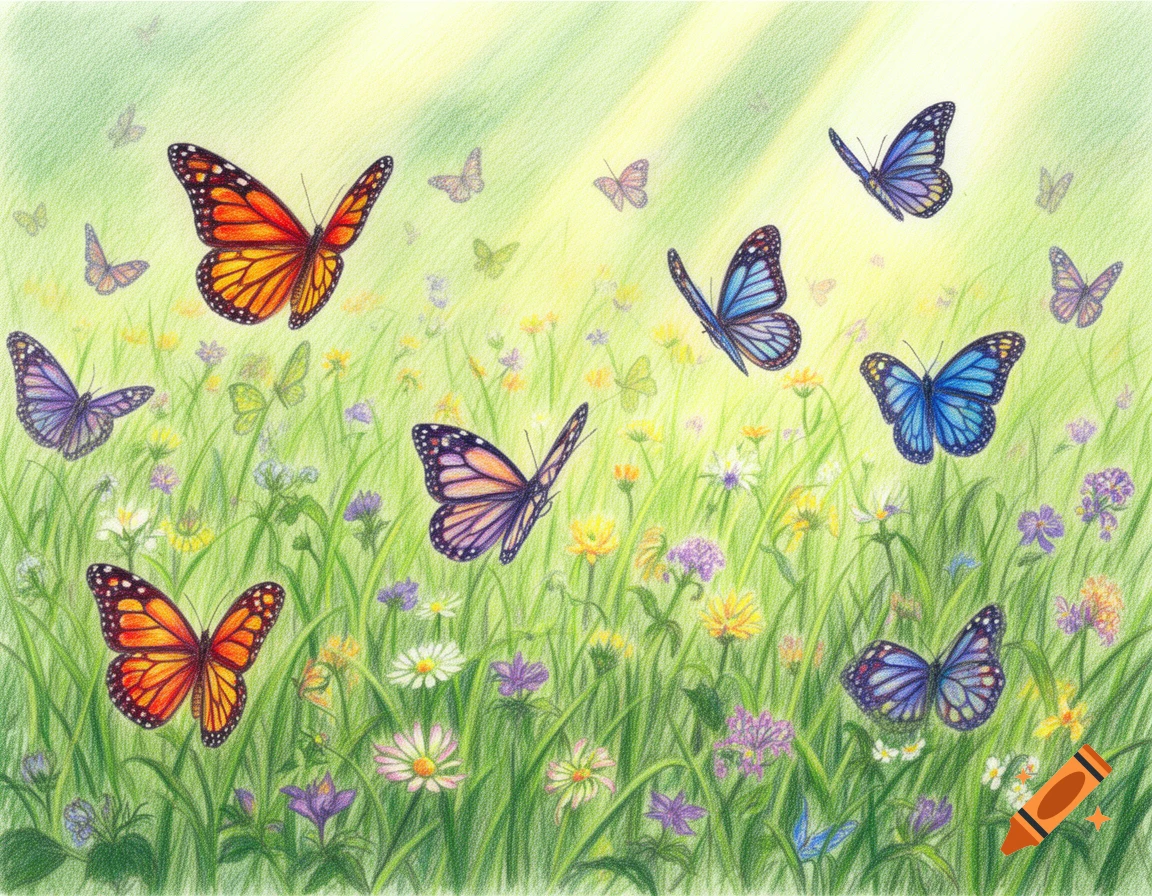 A vibrant colored pencil drawing shows numerous orange and blue butterflies flying above a green meadow with various wildflowers.