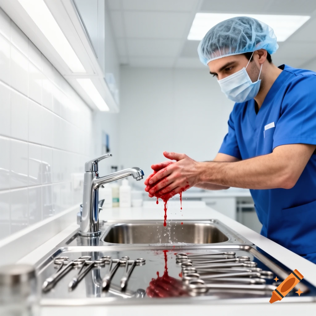 A male surgeon in blue scrubs, cap, and mask washes blood from his hands in a sink with surgical instruments.