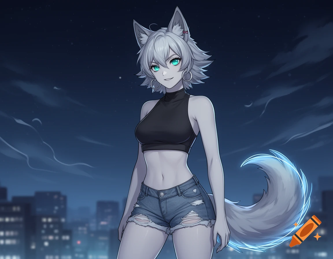 Anime-style wolf furry girl with white fur and green eyes, wearing a black crop top and ripped denim shorts, standing on a city rooftop at night.