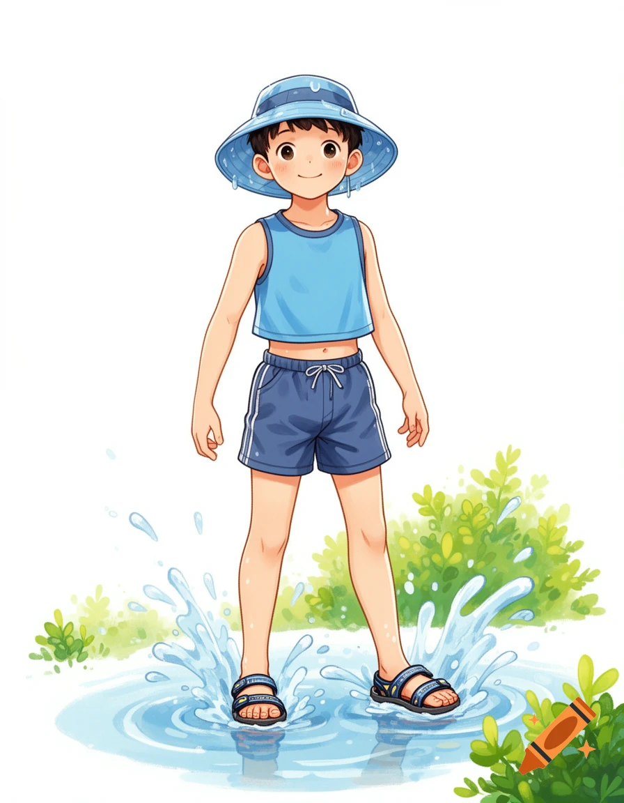 Cartoon illustration of a young boy in a blue bucket hat, tank top, and shorts, splashing water in a puddle.