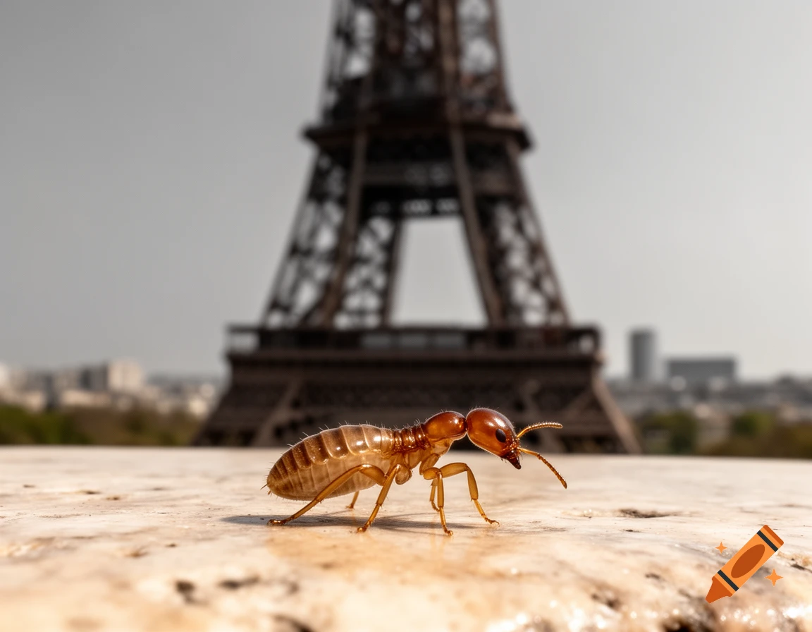 A photorealistic close-up of a termite walking on a stone surface, with the blurry Eiffel Tower in the background.