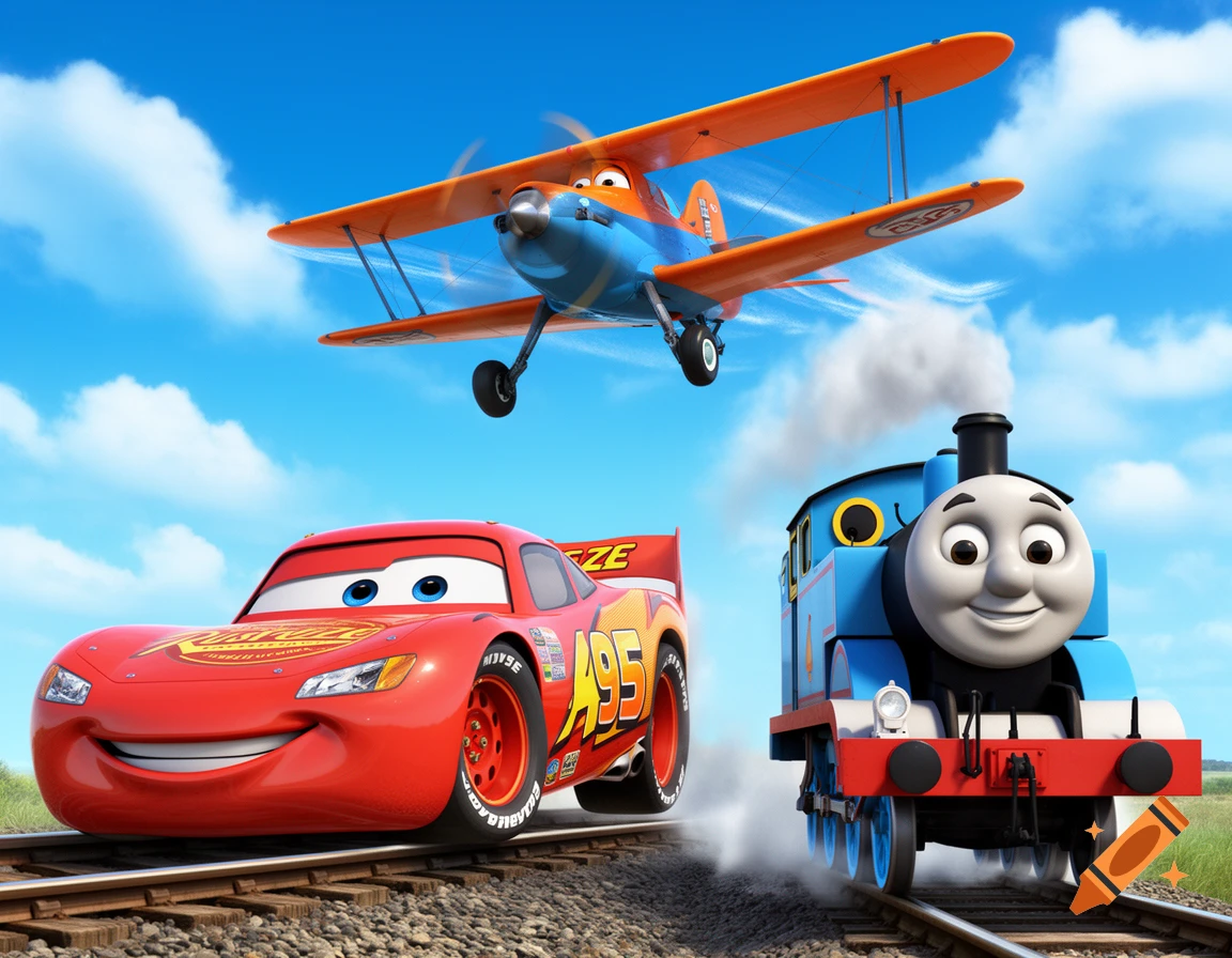 Lightning McQueen, Dusty Crophopper, and Thomas the Tank Engine pose on train tracks under a blue sky.