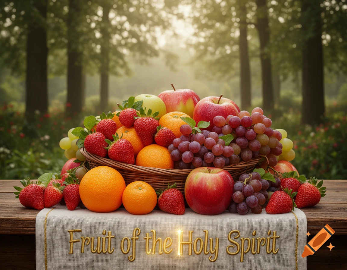 A basket and table overflowing with fresh red apples, strawberries, oranges, and green and red grapes, with 'Fruit of the Holy Spirit' on a cloth, in a sunny forest.