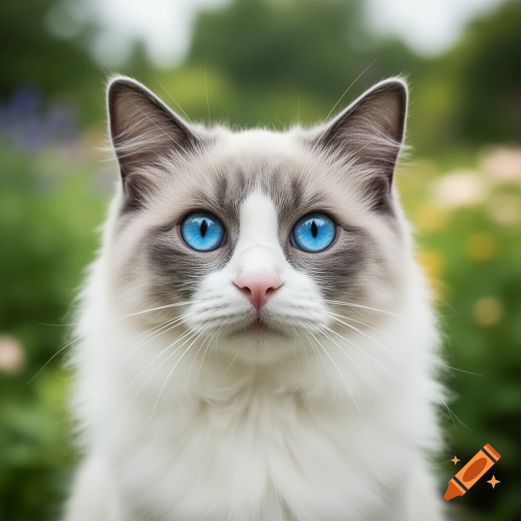A close-up, photorealistic shot of a white and grey cat with striking blue eyes, set against a blurred green outdoor background.