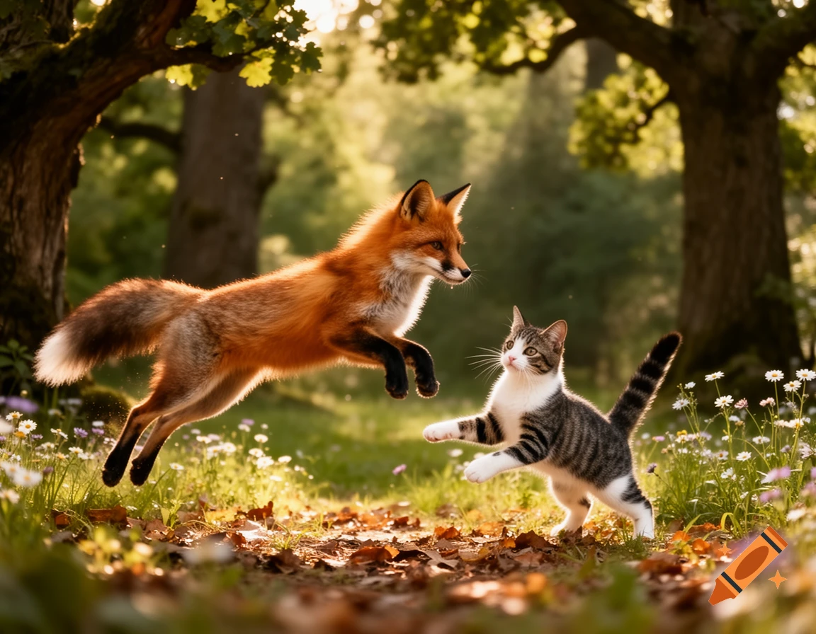 A fox in mid-air playfully approaches a cat in a sunlit forest clearing, surrounded by flowers.