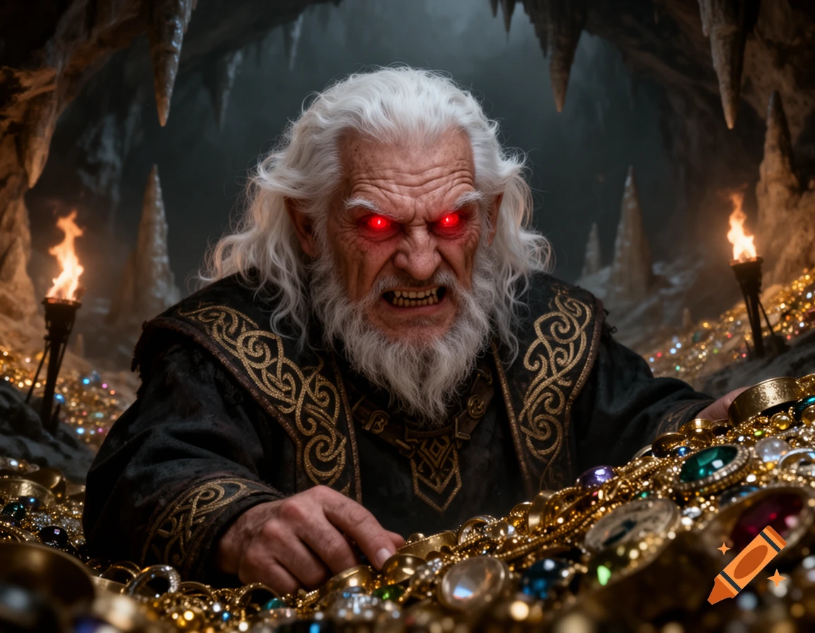 An angry, white-haired dwarf with glowing red eyes, a grimace, and ornate robes sits in a dark cave surrounded by a pile of gold and jewels.