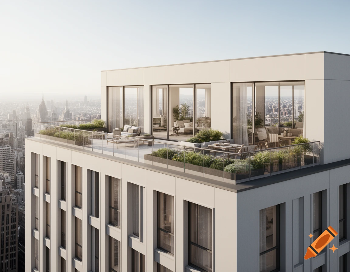 Photorealistic rendering of a modern high-rise building's rooftop terrace with lounge furniture and planters, overlooking a city skyline.