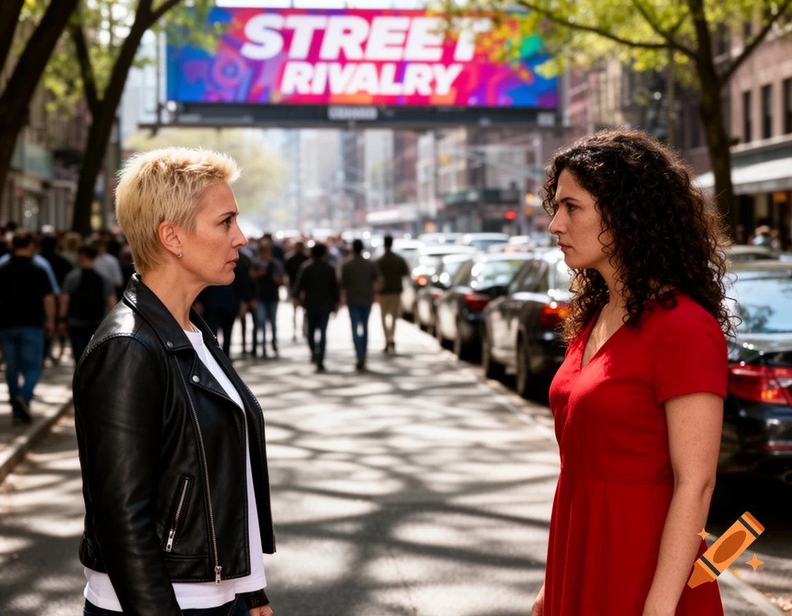 Two women stand face-to-face on a city street, with a 'Street Rivalry' billboard in the background.