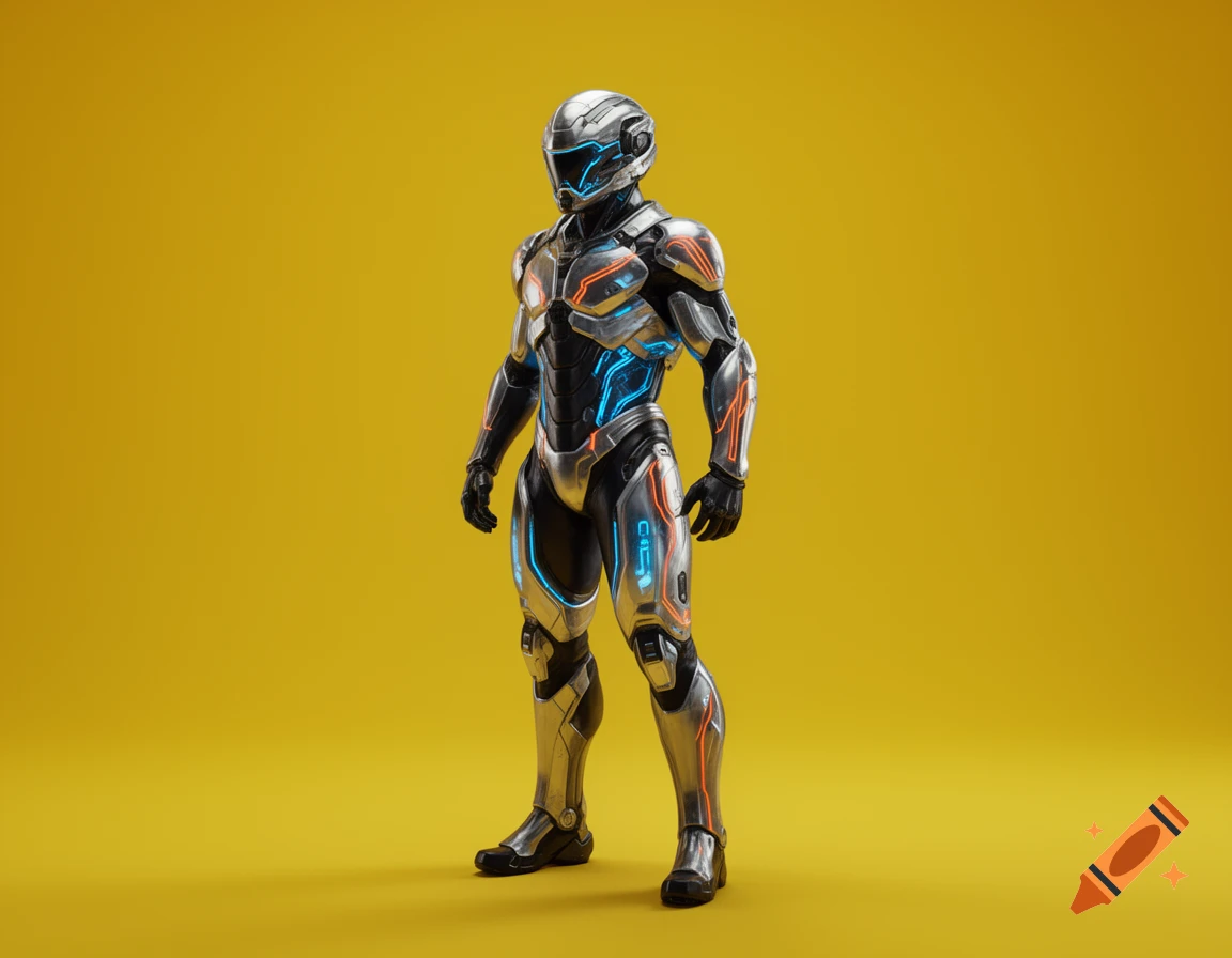 A futuristic warrior in metallic armor with blue and orange glowing accents stands against a bright yellow background.