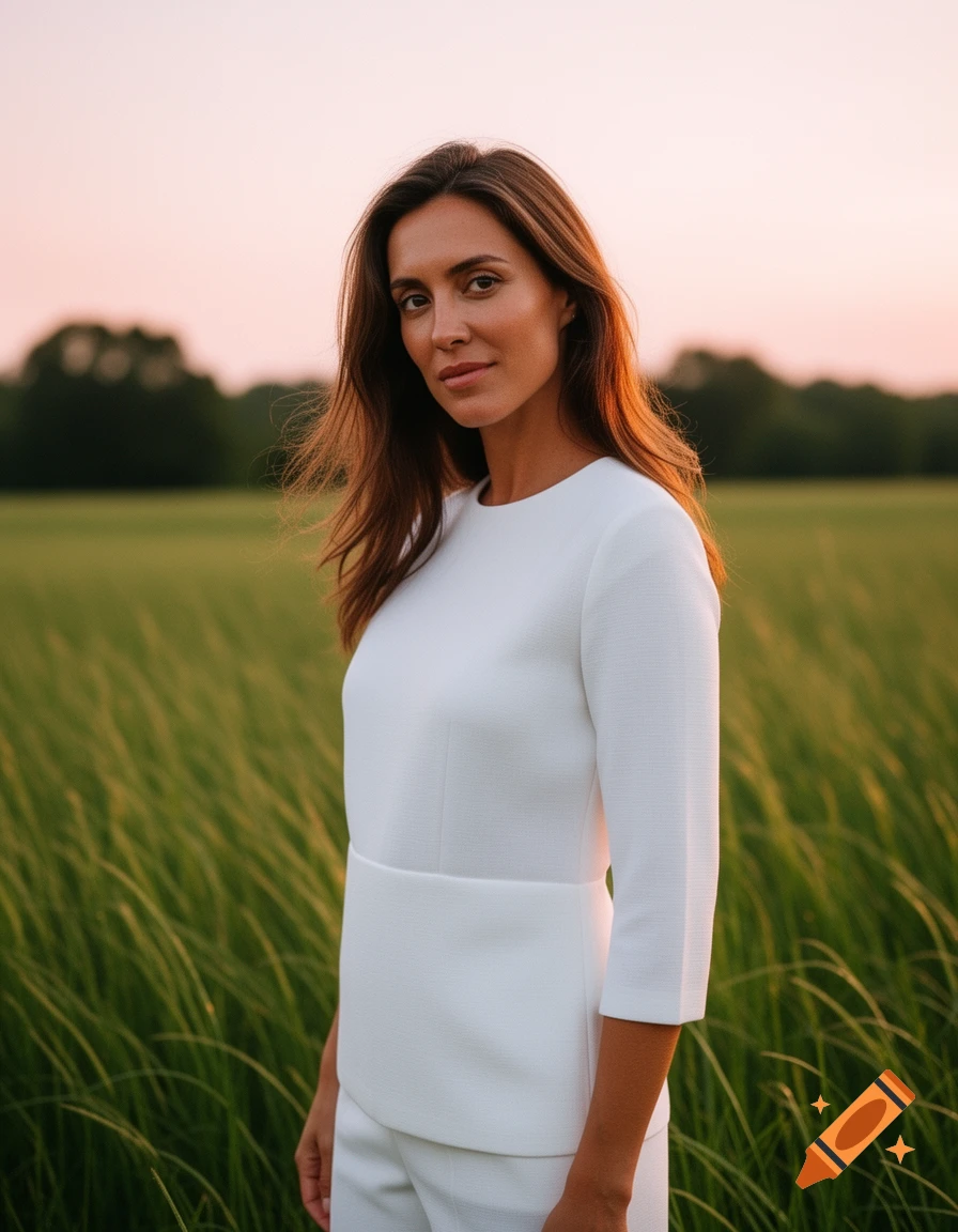 A woman in a white top and pants stands in a grassy field at sunset, looking towards the viewer.