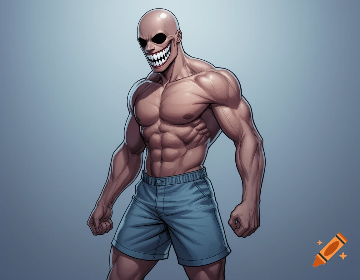 A muscular, bald comic figure with black empty eye sockets and a wide grin full of sharp, shark-like teeth wears blue shorts, standing against a grey background.