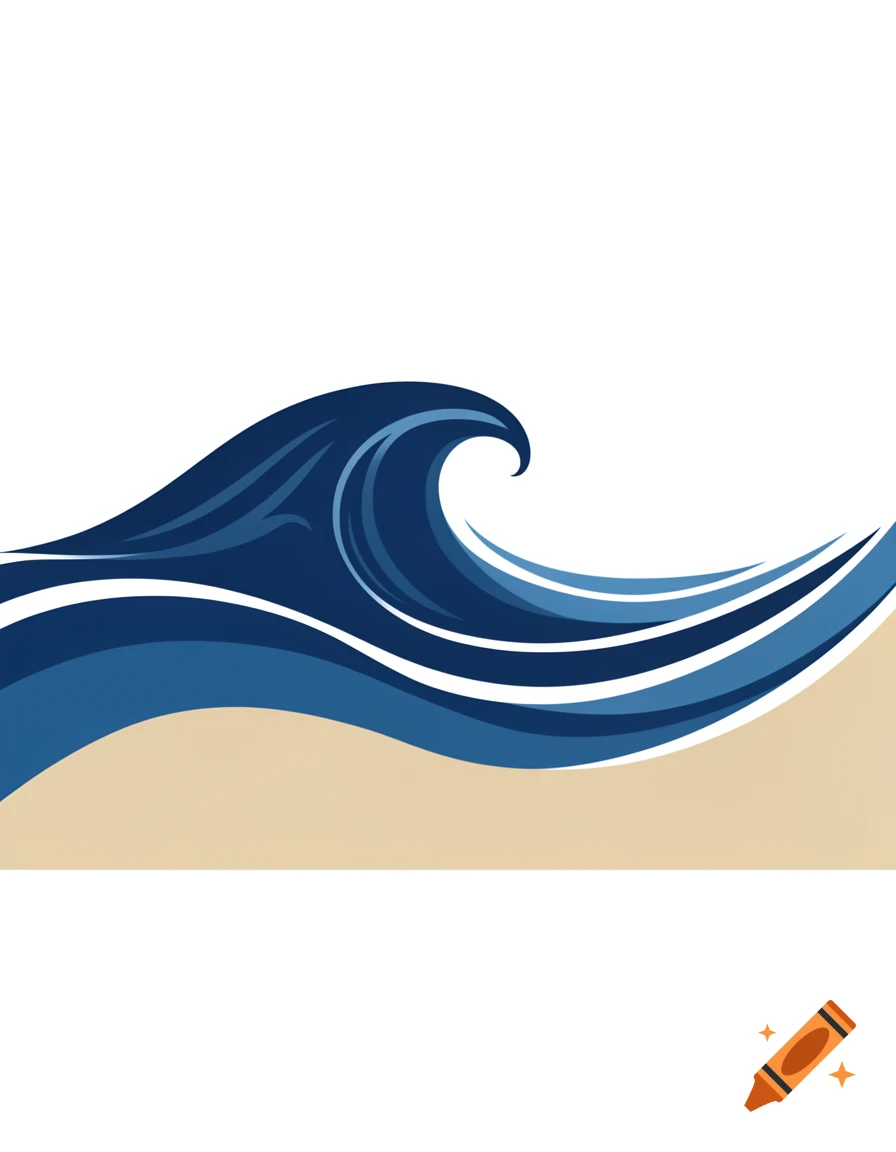 Stylized blue wave above beige sand on a white background.