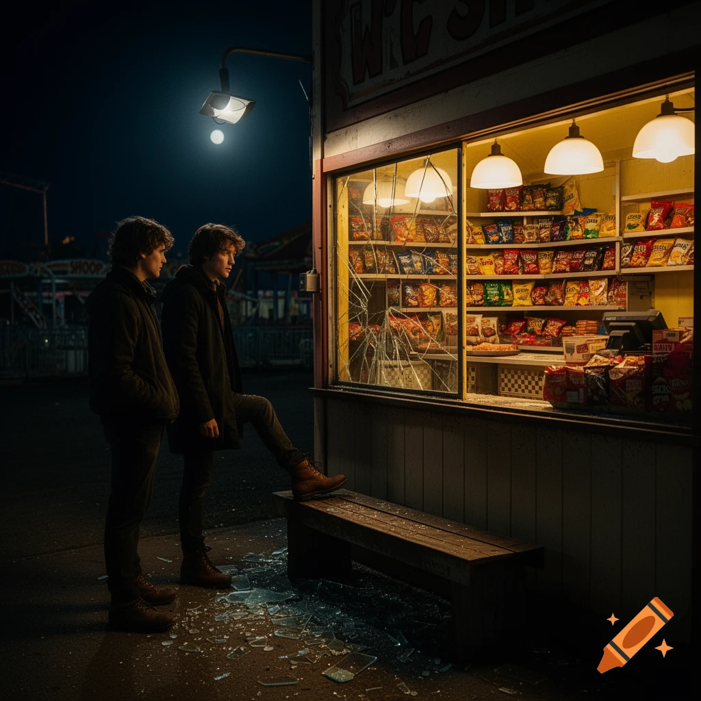 Two young men stand outside a snack shop with a shattered window at night, broken glass on the ground. One man has his foot on a bench.