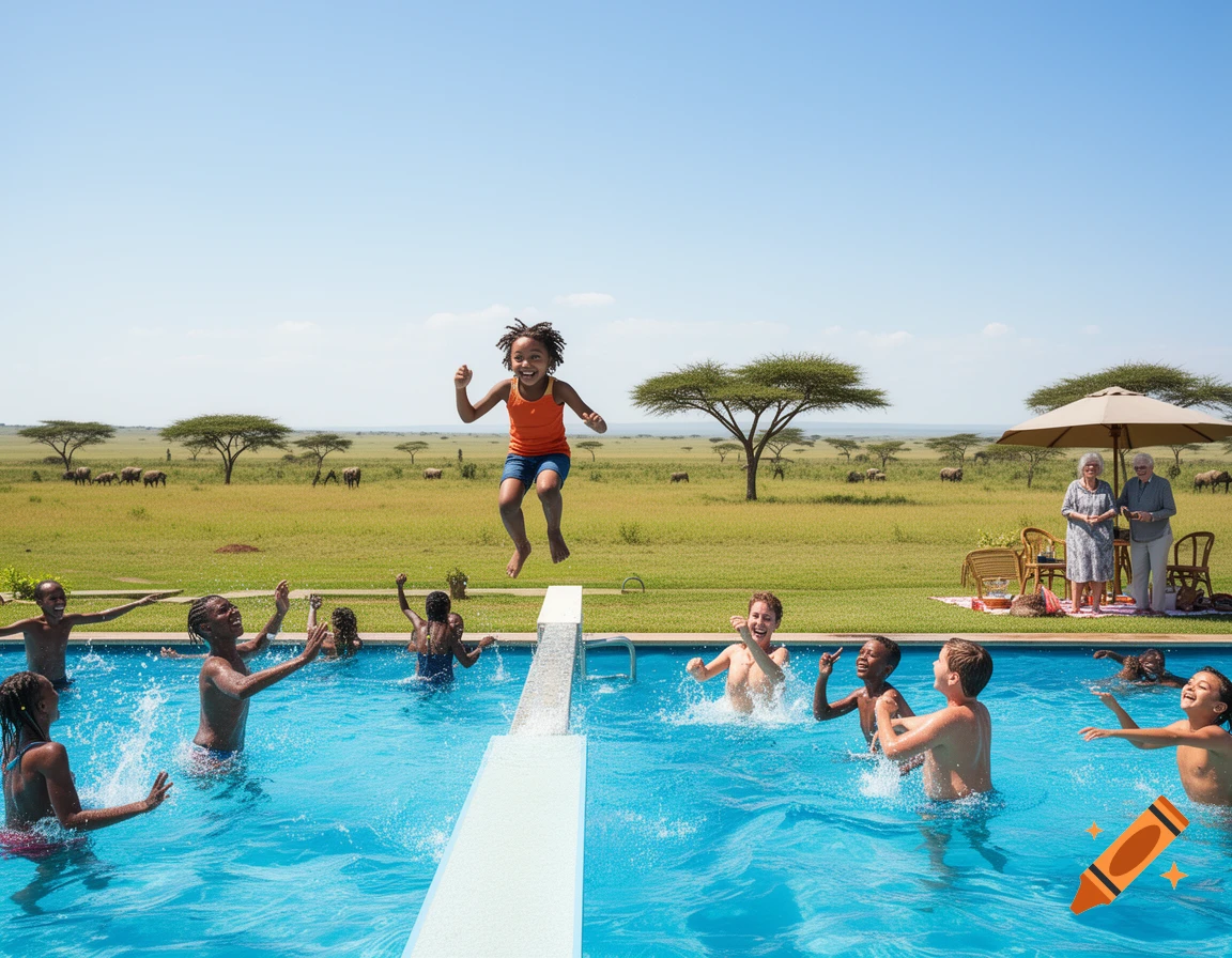 Children play and jump into a pool set against a vast African savanna with distant elephants and two adults under an umbrella.