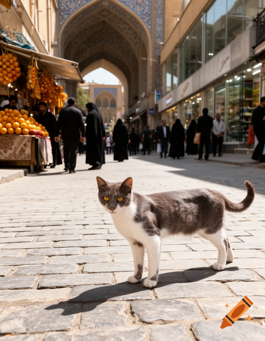 Photorealistic grey and white cat on a cobblestone street, with a bustling market and ornate archway in the background.