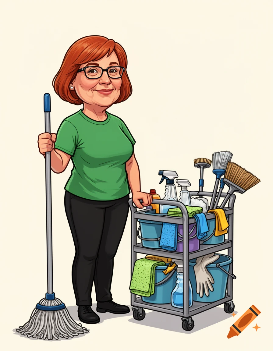 Cartoon of a smiling, red-haired cleaning woman holding a mop, standing next to a cart full of cleaning supplies.