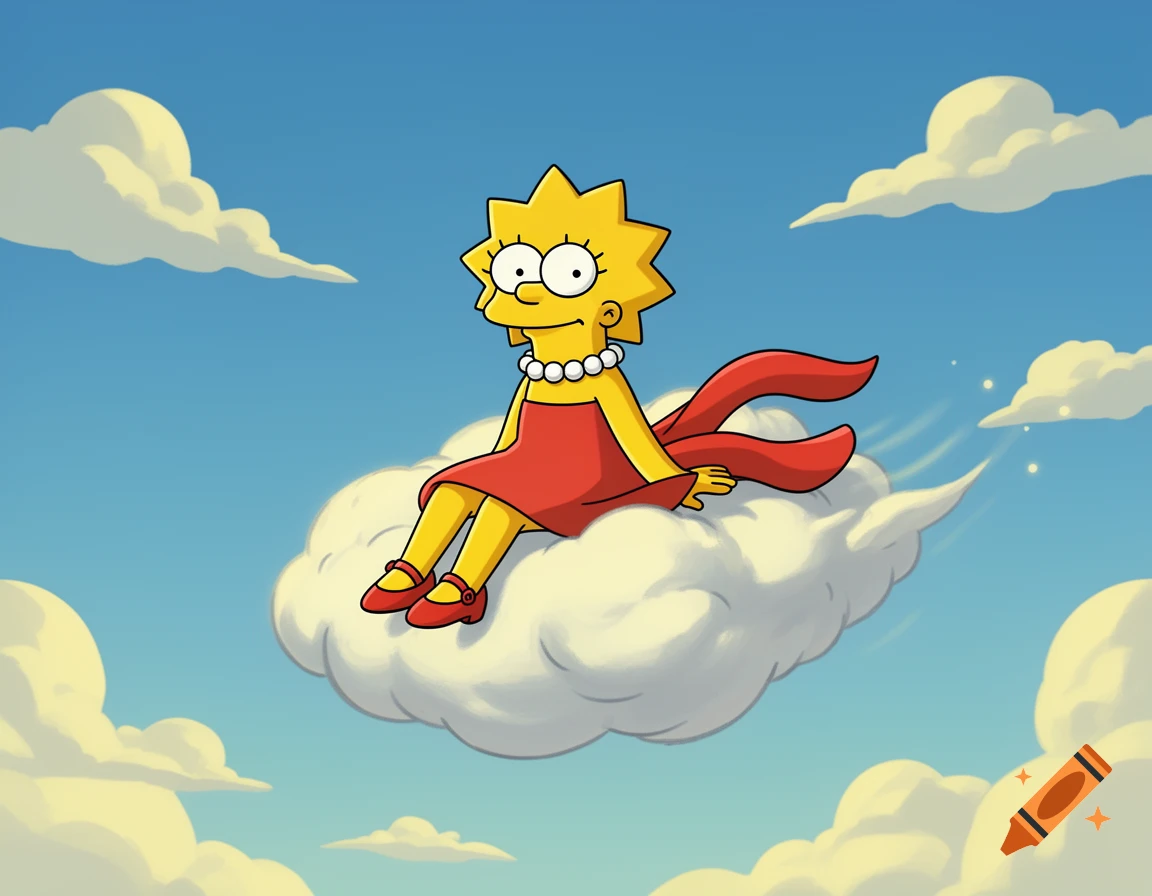 Lisa Simpson in a red dress and white pearl necklace, sitting on a large white cloud in a blue sky with other clouds, in The Simpsons cartoon style.