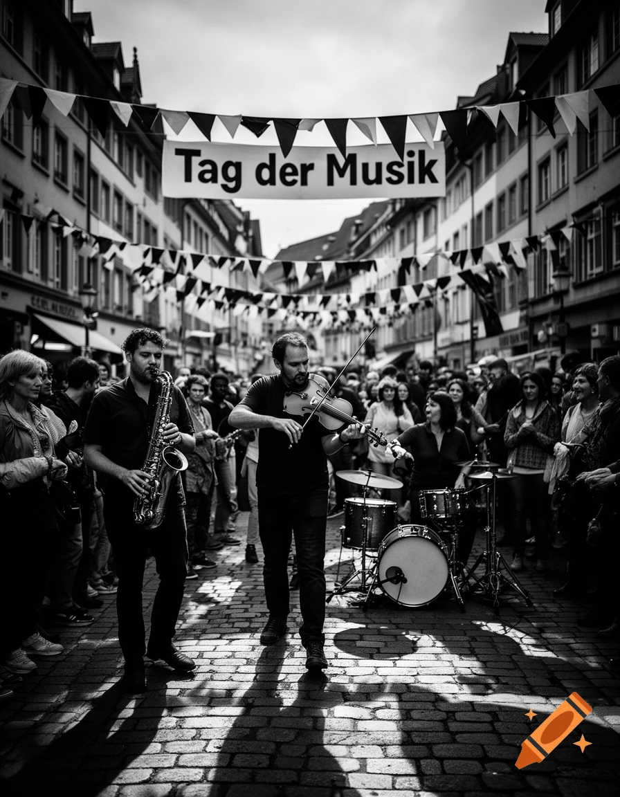 Black and white photo of a saxophonist and violinist performing on a cobblestone street under a 'Tag der Musik' banner, with a crowd watching.