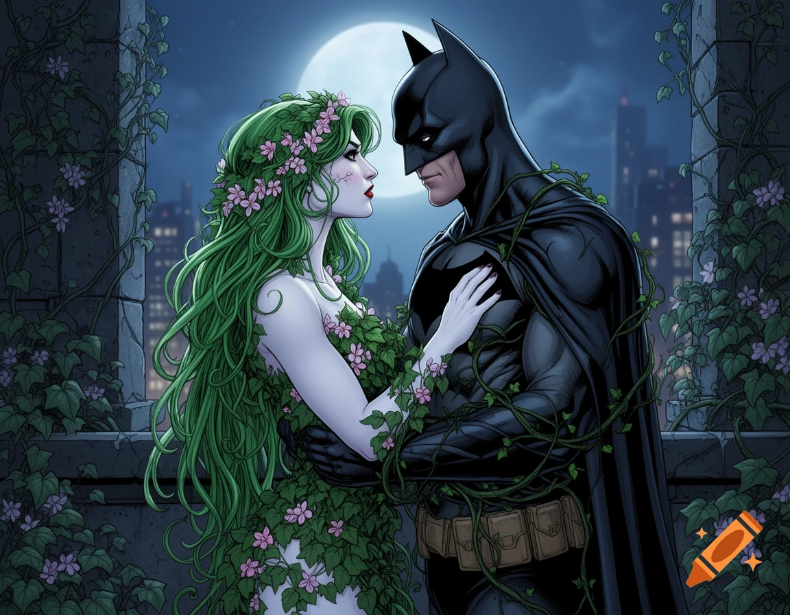 Batman and Poison Ivy embrace on a moonlit, vine-covered ledge overlooking a city, in comic book art style.