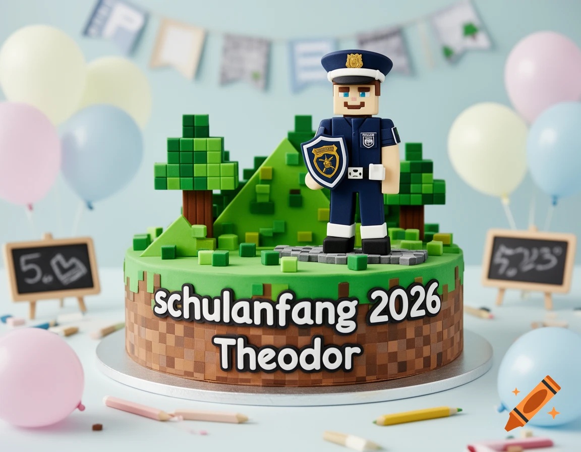 Photorealistic Minecraft-themed cake featuring a police officer figure, green blocks, and brown pixelated sides. Text reads 'schulanfang 2026 Theodor'. Surrounded by balloons, pencils, and chalkboards.
