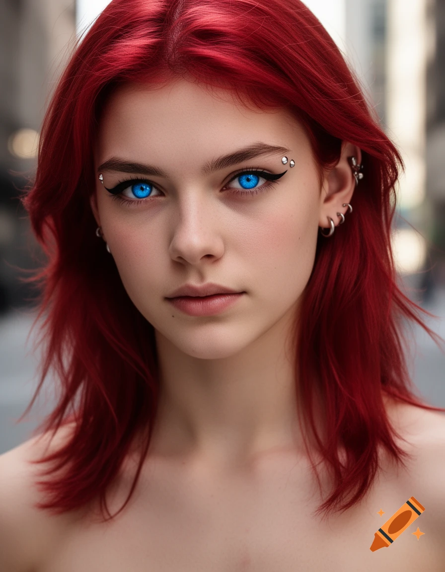 Close-up portrait of a young woman with vibrant red hair, intense sapphire blue eyes, and multiple facial piercings, looking directly at the viewer.